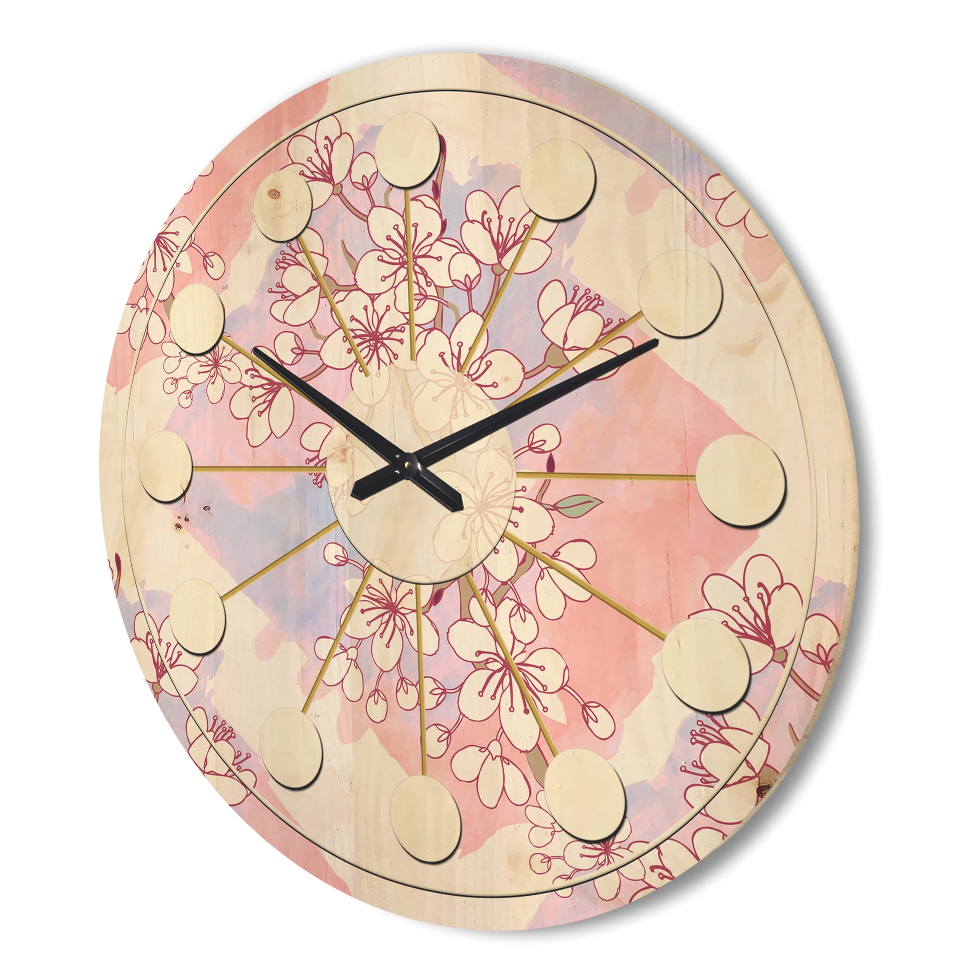 Designart 'Pink Flower Retro Pattern I' Mid-Century Modern Wood Wall Clock