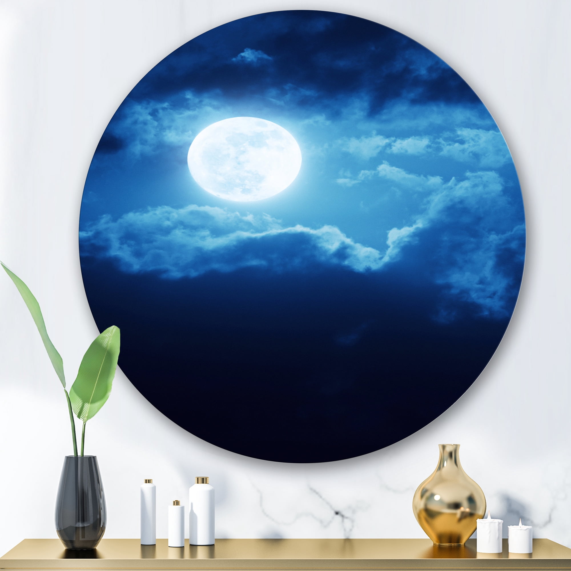 Designart 'Full Moon Night in Cloudy Sky III' Nautical & Coastal Circle Metal Wall Art 36x36 - Disc of 36