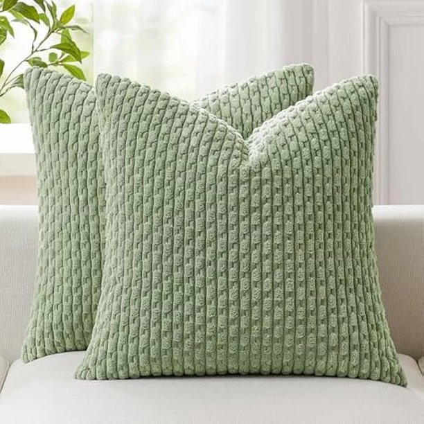 Chenchen Kevin Textile 2 Packs Spring Decorative Throw Pillow Covers 16x16 Inch for Living Room Couch Bed Sofa Soft Striped Corduroy Square Cushion Case 40x40 cm Farmhouse Boho Home Decor Sage Green