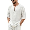 thumbnail image 5 of Mens Beach Shirts Linen 3/4 Sleeve Notch V-Neck Lightweight Breathable Summer Hawaiian Tops Fathers Gift, 5 of 6