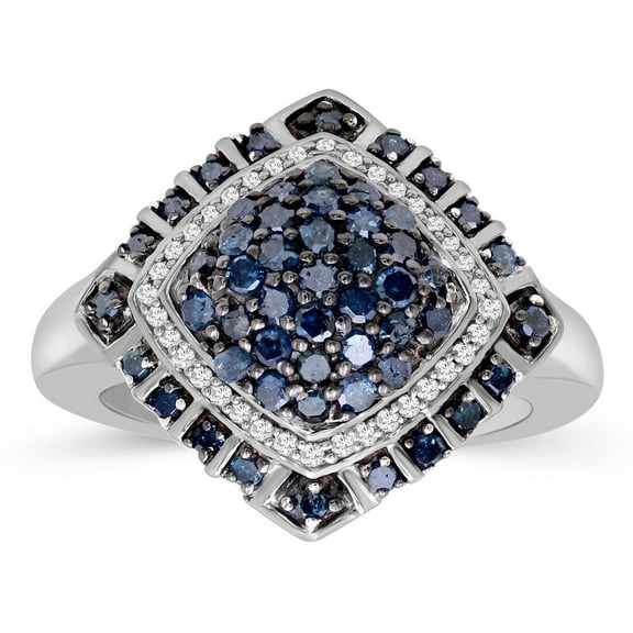 Sterling Silver Blue & White 1 Carat Diamond Ring for Women| Dual-Colored Ring Band with Round Diamonds