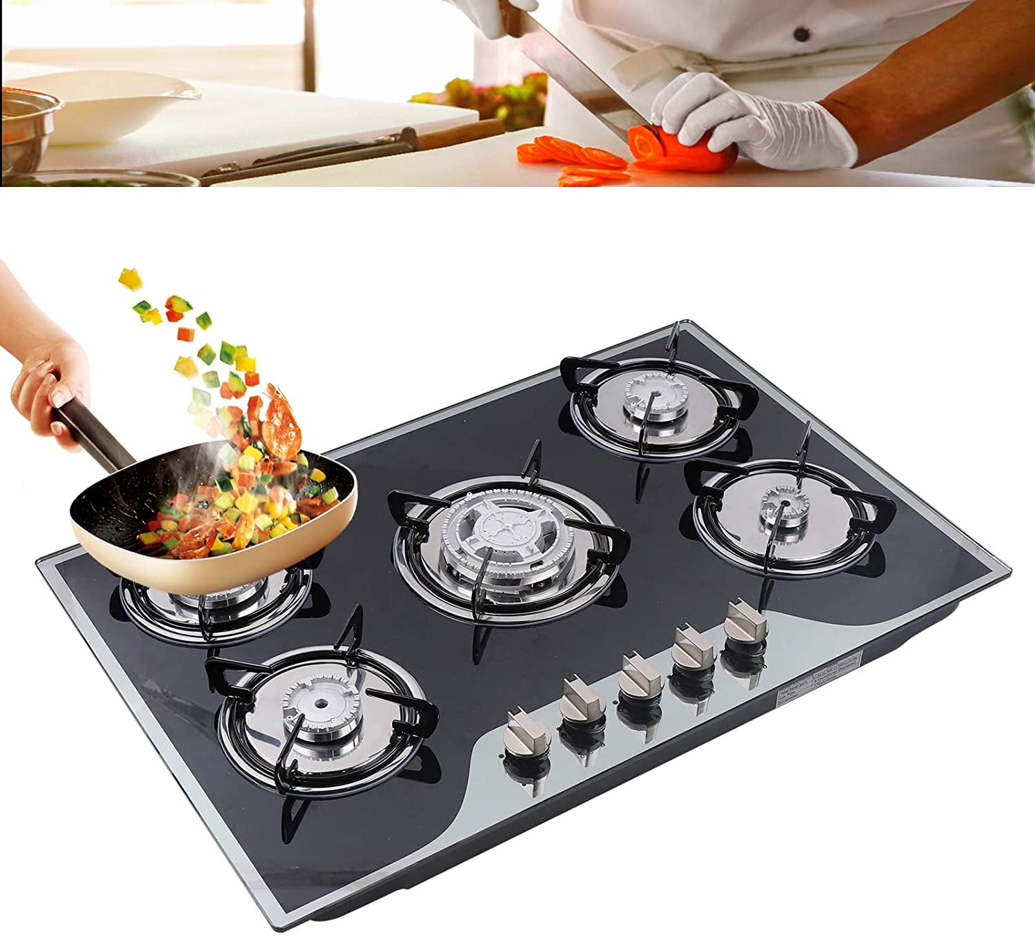 Miumaeov Gas Cooktop Stove Build-in 5 Burners 8 mm Tempered Glass Battery Pulse Ignition