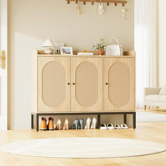 Rattan Shoe Cabinet with 3 Doors, 8-Tier Freestanding Shoe Organizer, Adjustable Shelves, Large Entryway Storage, Oak