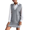 thumbnail image 1 of Robe Chandail Courte Sans Manches à Col en V pour Femme, Tricotée, Unie, avec Poches, Décontractée, Confortable, Tunique à Enfiler, 1 of 5