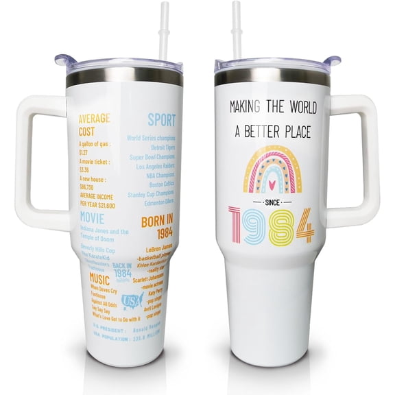 Happy 40th Birthday Gifts for Women, 40 oz Tumbler with Handle and Straw Lid, 40 Years Old Gifts Idea for Her, Forty Birthday Present Back in 1984 Tumbler Cup（White）
