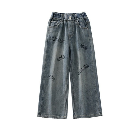 MEZZALL Kids Girls Jeans Pants Wide Leg Denim Pant High Waist Elastic Band Casual With Pockets 7-8 Years Leisure Baby Wear