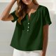 thumbnail image 1 of Craaazy Women's Casual V Neck Blouse, Solid Color Short Sleeve Cotton Linen Top, Loose Fit Comfy Henley Tunic for Daily Wear Gifts, 1 of 9