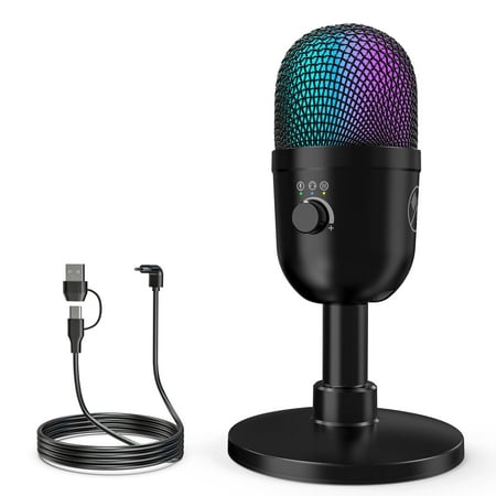 Zealsound Gaming Condenser Microphone with RGB Lights, Studio USB Mic for PC, Mac, iPhone, Plug & Play, Mute & Gain Control, Monitoring for Streaming, Podcasting, TikTok, YouTube