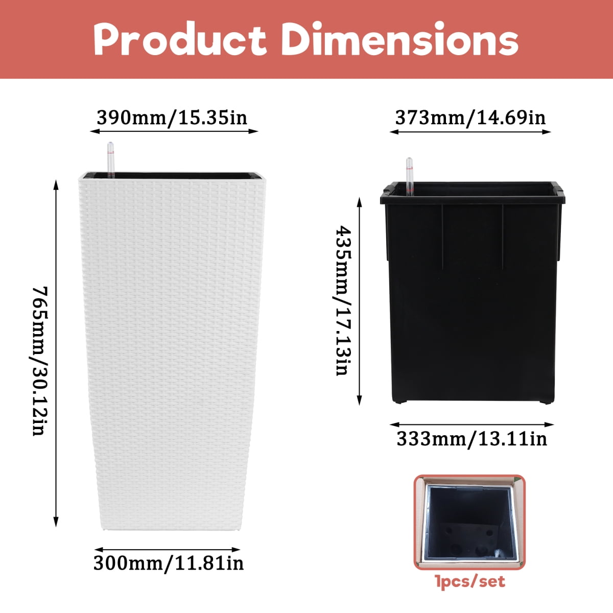 Set of 2 30 Inch Tall Large Flower Pots Self Watering Planters with Drain Holes Water Level Monitor Inner Bucket White