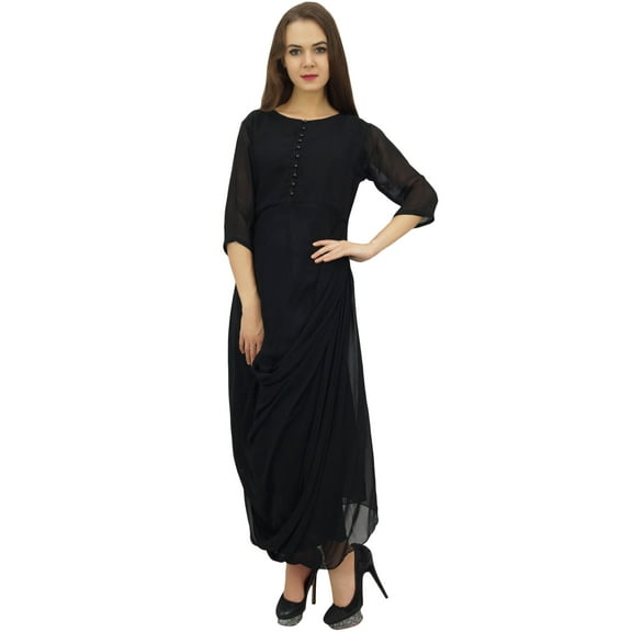 Bimba Women's Georgette Black Cowl Dress 3/4 Sleeve Solid Casual Long Maxi - 8