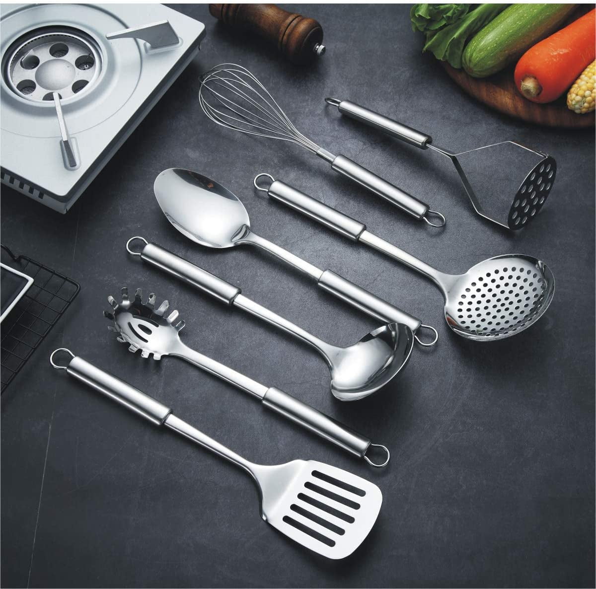 ReaNea 13 Pieces Shiny Stainless Steel Kitchen Utensils Set with Utensil  Holder 