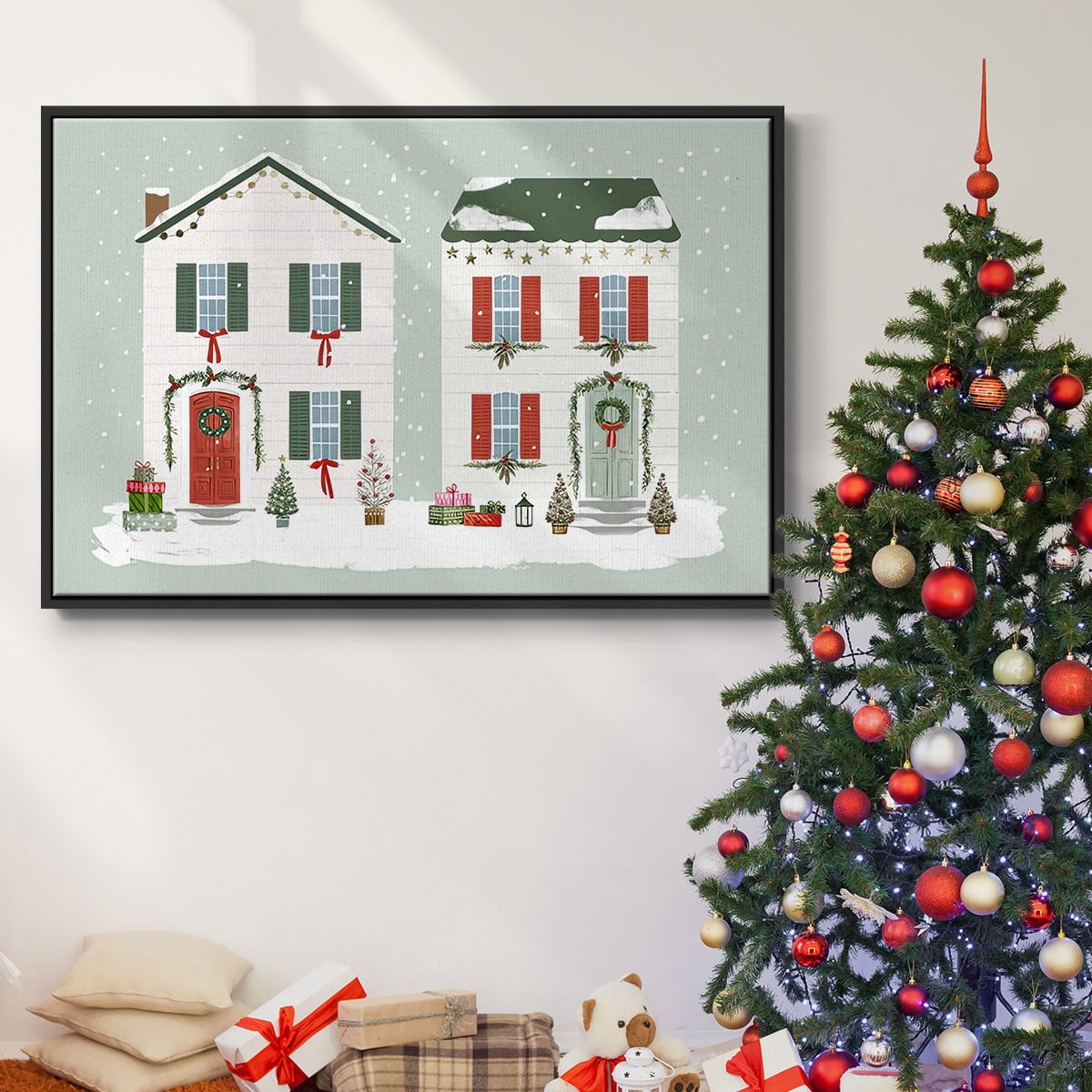 Festive Front Door Collection A - Framed Gallery Wrapped Holiday Canvas - 17 x 25 - Black Frame