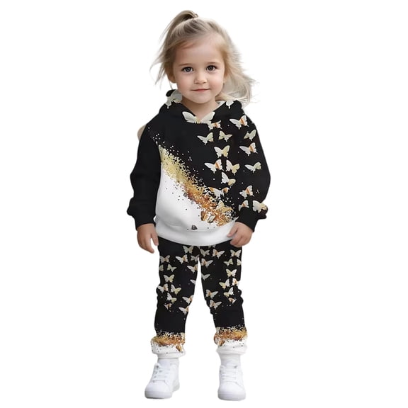 WAYUTE Toddler Girls 2 Piece Tracksuit Long Sleeve Hoodie Butterfly Print Jogger Pants Kids Fall Fashion Matching Outfit Clothing Set Casual Outdoor,Black,Size 1-2 Y