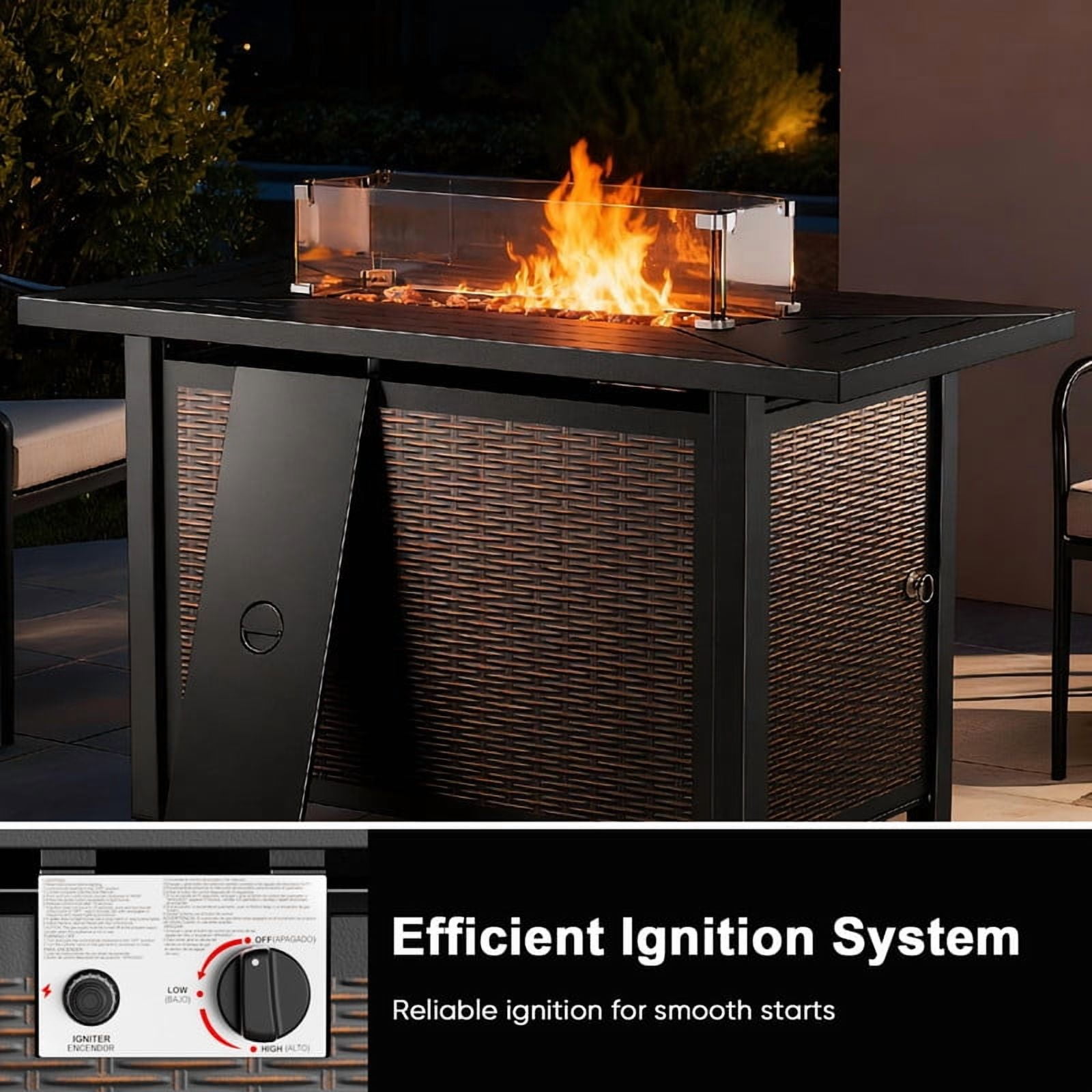 Giantfurnni 43" Propane Fire Pit Table with Lid, Outdoor Metal 50,000 BTUs Rectangle Gas Fire Pit Table with Glass Wind Guard and Lava Rocks for Balcony Porch Deck
