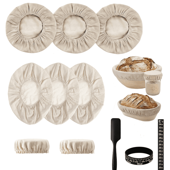 8 PCS Bread Proofing Basket Cloth Liner (3 Round & 3 Oval) & 2 Sourdough Starter Jar Covers, 10 Inch Banneton Basket Cover for Sourdough Baking, Reusable Dough Bowl Liner (Combo)