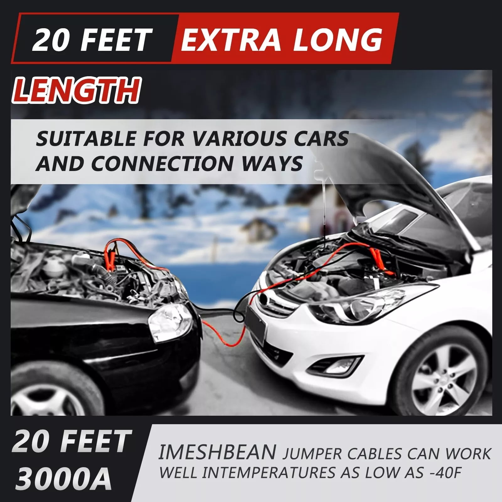 iMeshbean Auto Jumper Cables 0 Gauge 3000AMP 20Ft , Instruction Slip, Commercial Grade Automotive Booster Cables, Heavy Duty for Car Van Truck