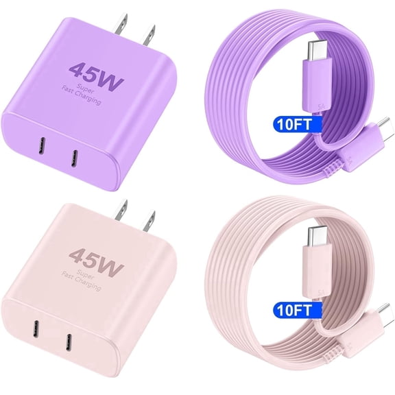 45W 2 Pack Super Fast Charger USB C Dual Port Wall Charger Block with 10FT Long Type-C Cord Compatible with iPhone 17/16/15/Pro/Pro Max, Samsung Galaxy S26/S25/S24 (Blush Pink)