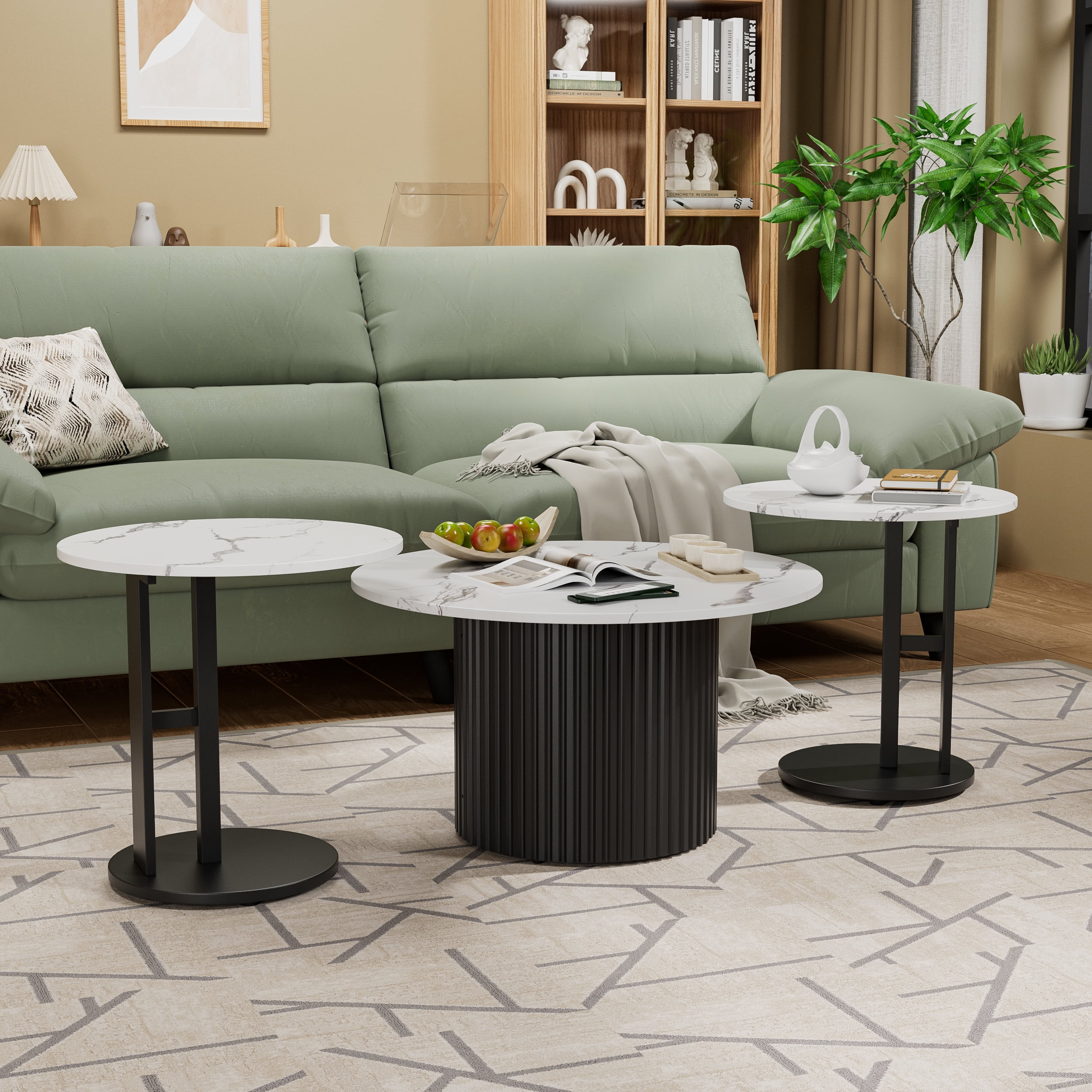 Astoutdoor Coffee Table Set of 3, Modern Nesting Tables with Faux Marble Top and Metal Legs, Round Coffee & Side Tables with Ribbed Design for Living Room, Small Space Apartment