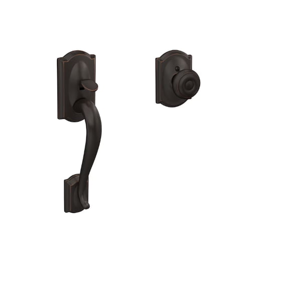 Schlage Camelot Aged Bronze Exterior Entry Door Handleset FE285 CAM 716 GEO CAM
