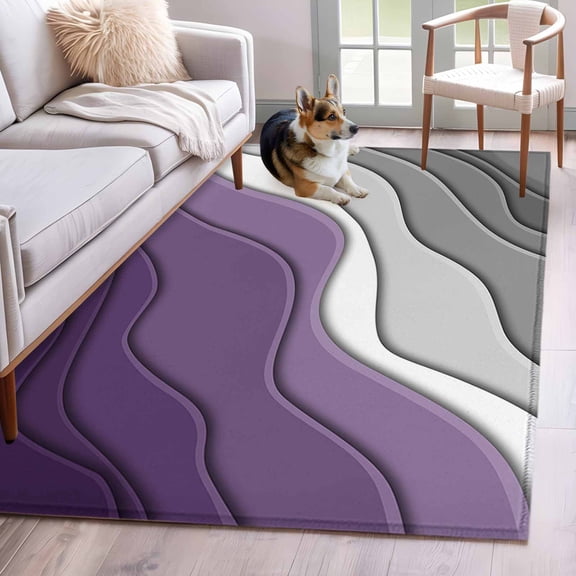 Area Rug 3x5ft Purple Grey White Wave Stripes Area Rugs Washable Low Pile Floor Carpet for Bedroom, Abstract Geometric Lines Non Slip Soft Rugs for Living Room Entryway Dining Room