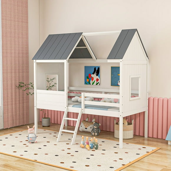 Gymax Twin Low House Bed Wooden Loft Bed with Ladder Roof Windows Slatted Support