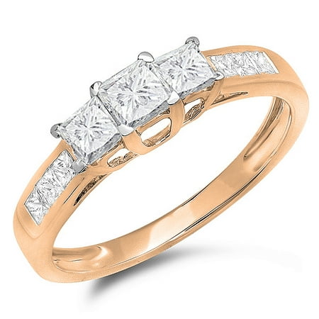 1.00 Carat (ctw) 14K Rose Gold Princess Cut Diamond Ladies 3 Stone Bridal Engagement Ring 1 CT