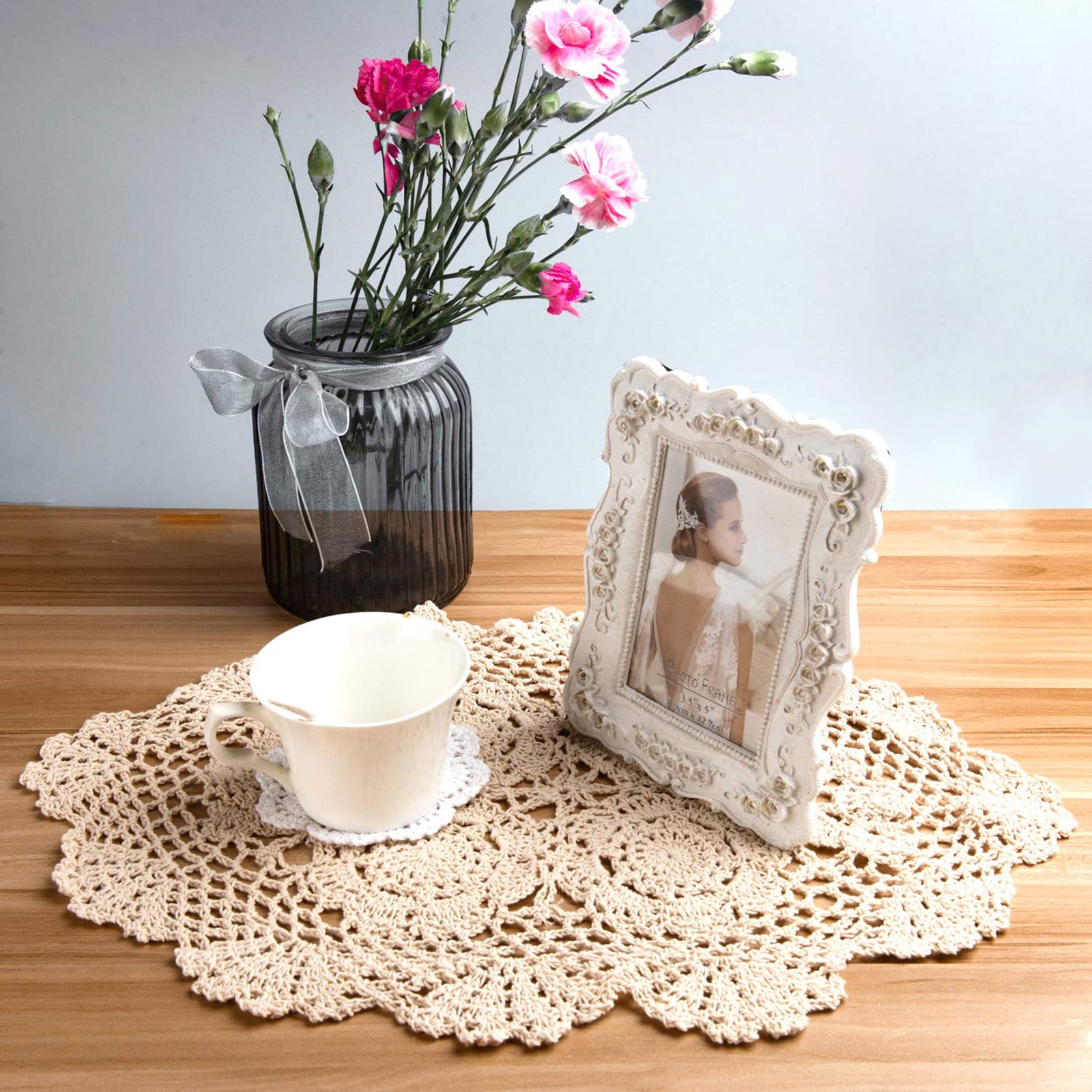 ZOURIH 4Pcs Handmade Cotton Crochet Doilies 12"x18",Oval Boho Lace Table Placemats Vintage Furniture Cloth Cover Room Decor,Floral Dollies for Tables Dresser Nightstand,Beige