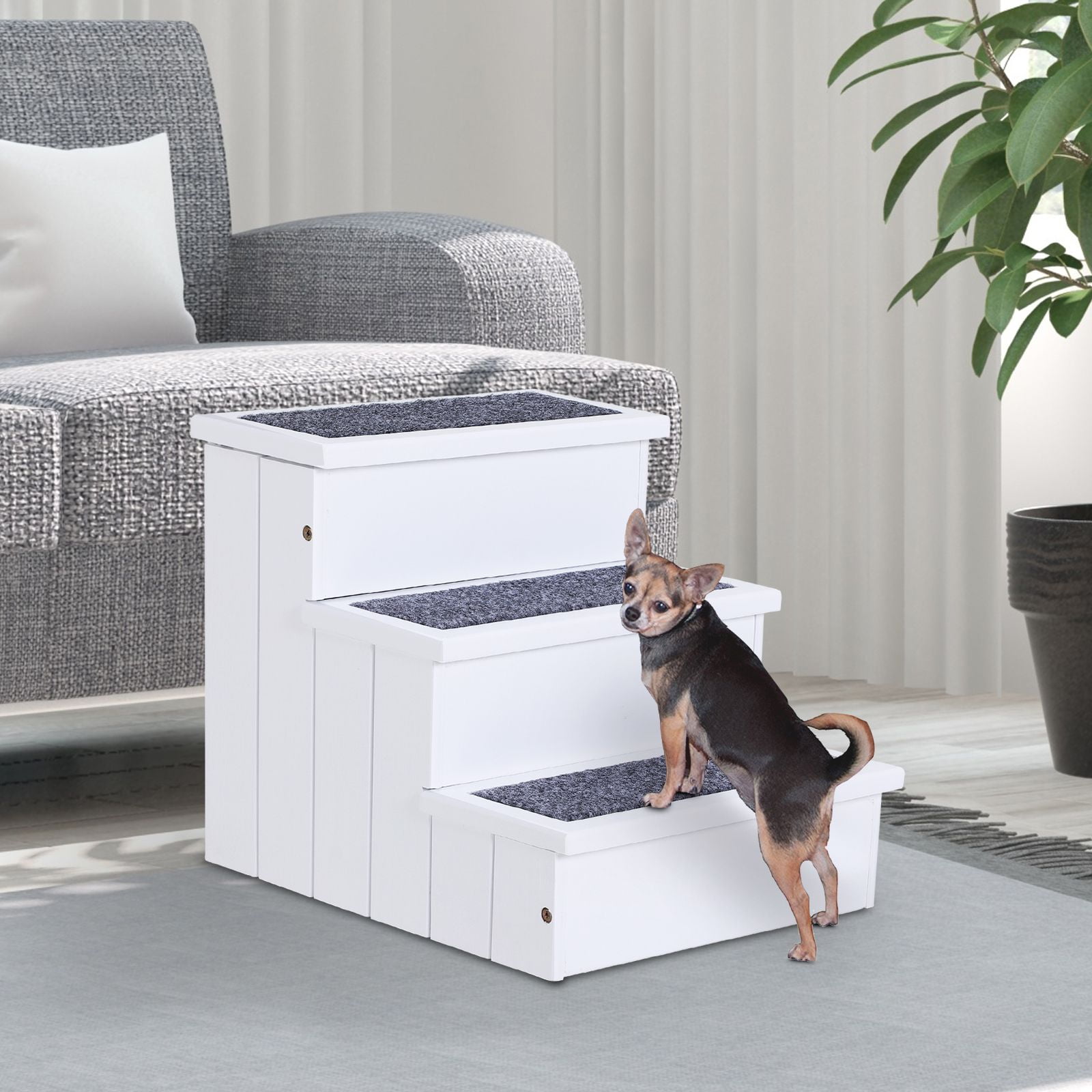 Washure 3‑Step Wooden Non‑Slip Carpet Pet Stairs Ramp for Cats and Small Dogs, White
