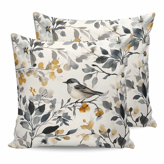 Pillow Covers 18x18 Set of 2, Vintage Botanical Throw Pillow Covers Decorative Couch Cushion Cover, Yellow Grey Spring Floral Birds Microfiber Soft Square Pillowcases for Bedroom Living Room Sofa