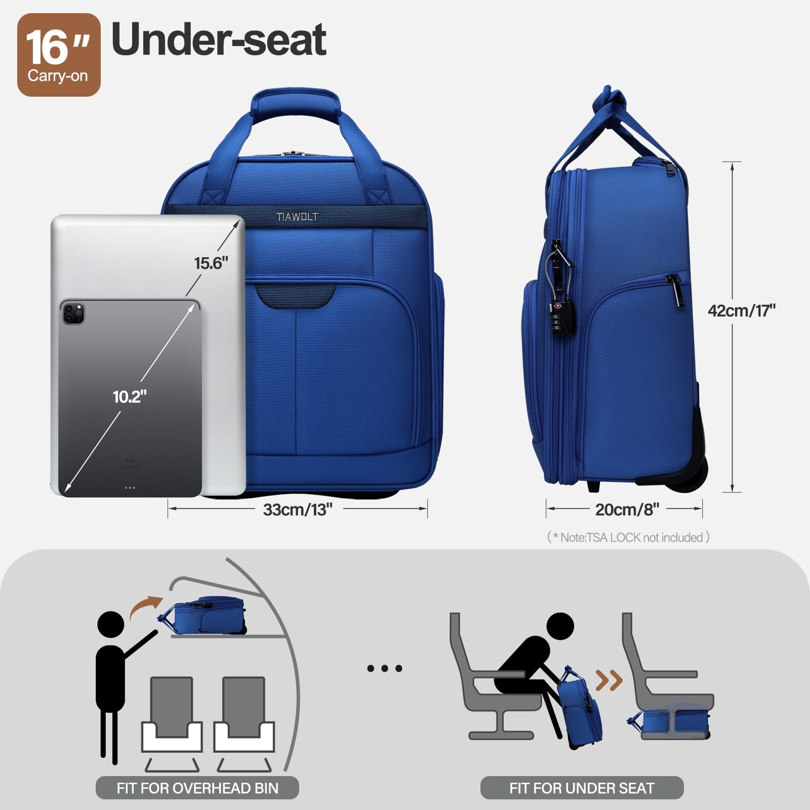 TIAWOLT Weekender Overnight 16-Inch Underseat Carry-on Luggage With Wheels Soft Sided Lightweight Small mini Suitcase Bag with 15.6"Laptop Compartment for Women and Men,Blue