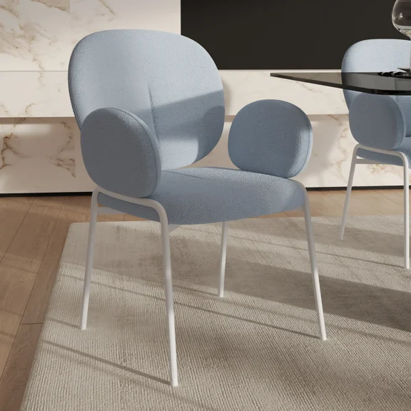 Celestial Modern Boucle Dining Side Chair with White Powder Coated Iron Frame Set of 2