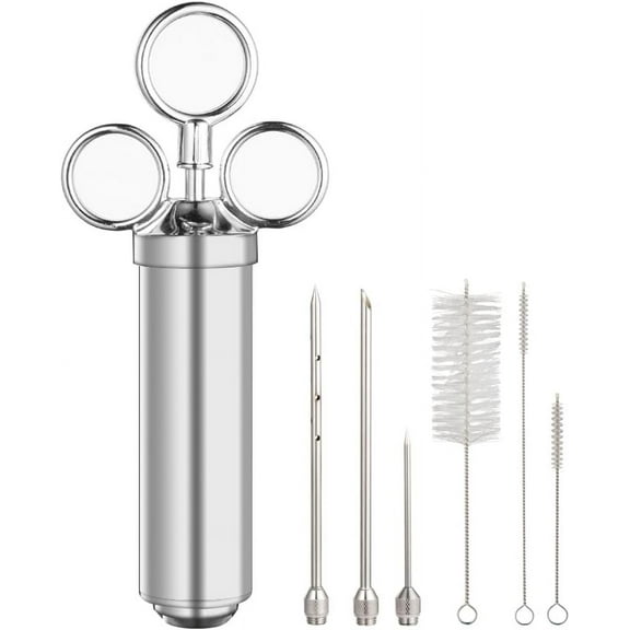 Meat Injector Syringe, 2oz Turkey Injector Seasoning, 304-Stainless Steel Seasoning Injector with 3 Marinade Needles and 2 Cleaning Brushes