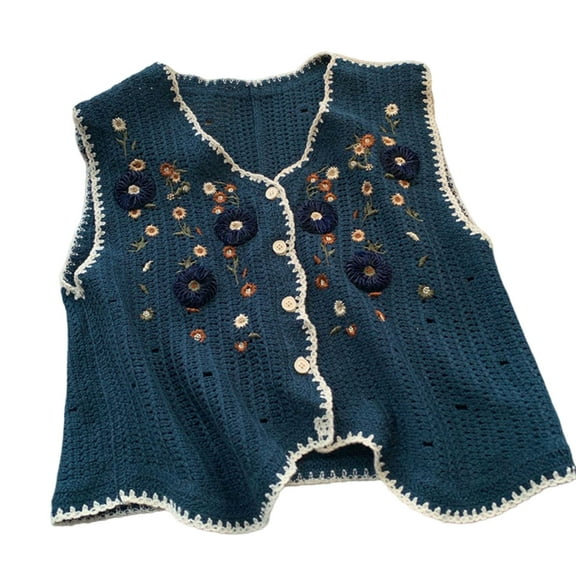 Women Crochet Knit Vest Waistcoat Embroidery Floral Button Sleeveless Cardigan
