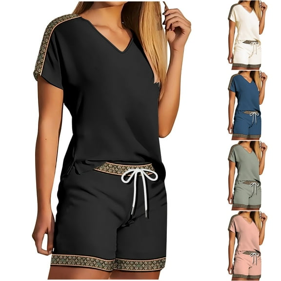 Fashion 2 Piece Outfits for Women V Neck Shorts Sleeve Two-piece Comfortable Home Pajamas Set Sports Set