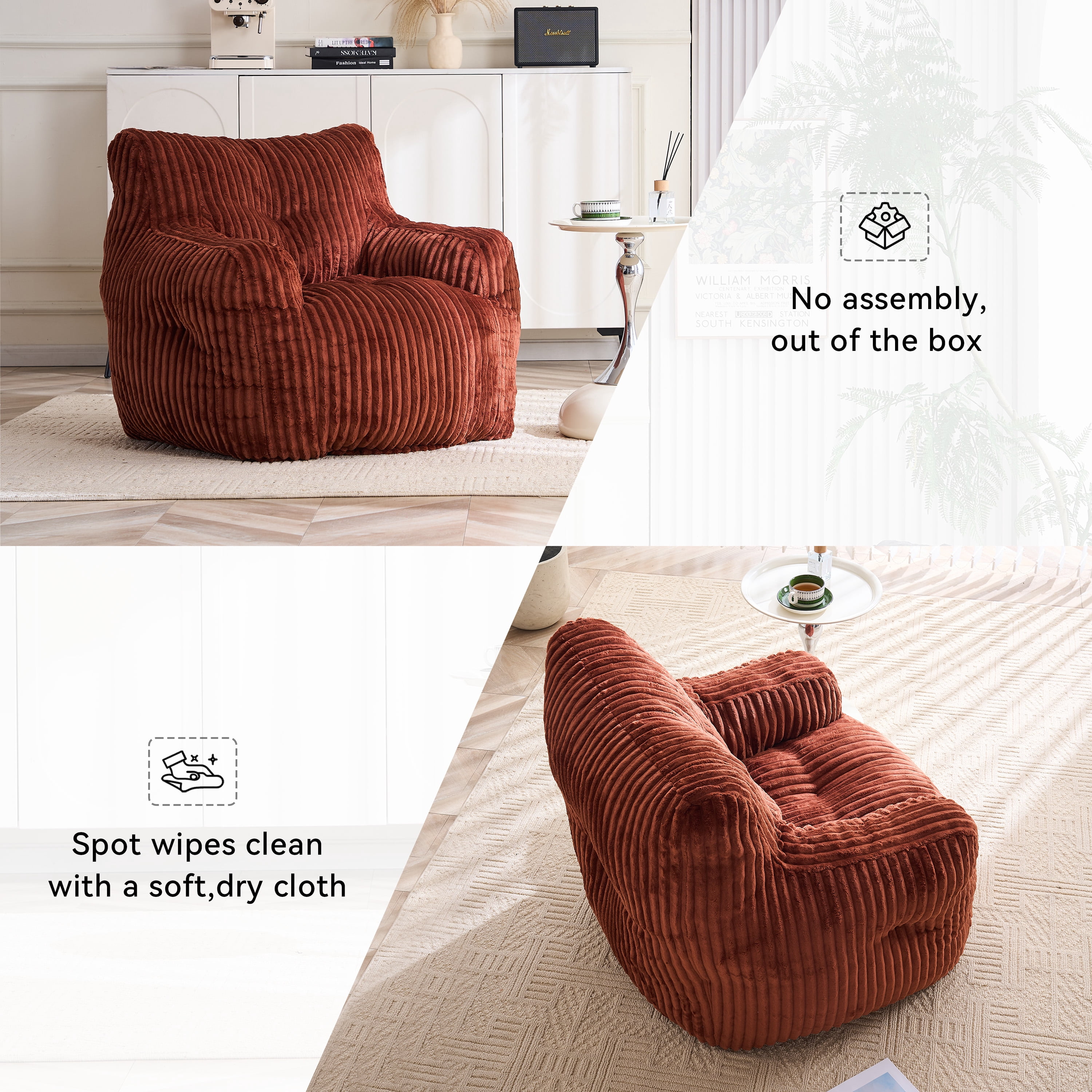 Soft Fluffy Corduroy Fabric Bean Bag Chair Filled With Memory Sponge,Red