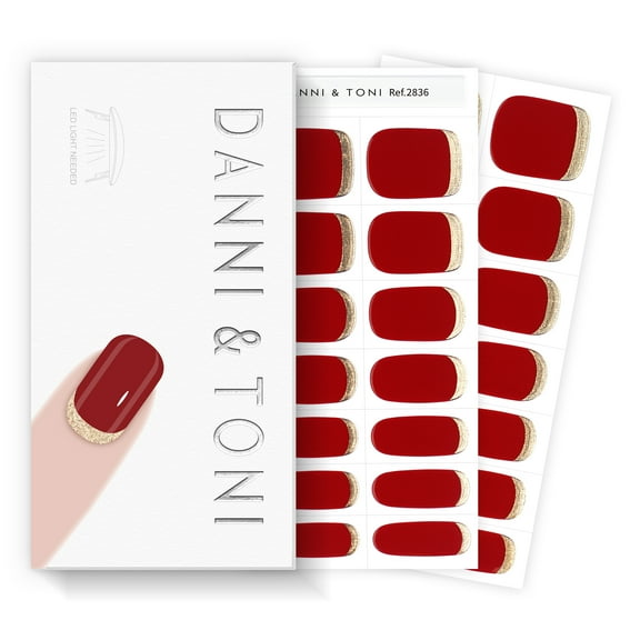 DANNI & TONI Semi Cured Gel Nail Strips Scarlet Red Gel Nail Wraps Gold Reverse French 28 Stickers |Gilded Velvet