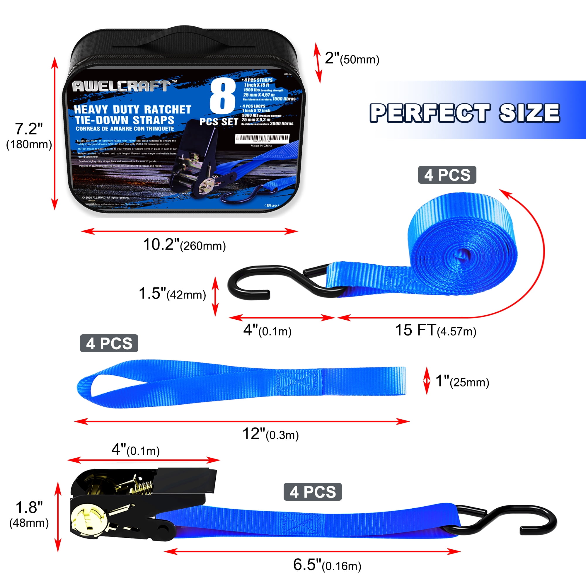 AWELCRAFT 4 X 1500 lbs Ratchet Straps, 15ft Tie Down Strap Set with ''S" Hooks, Blue