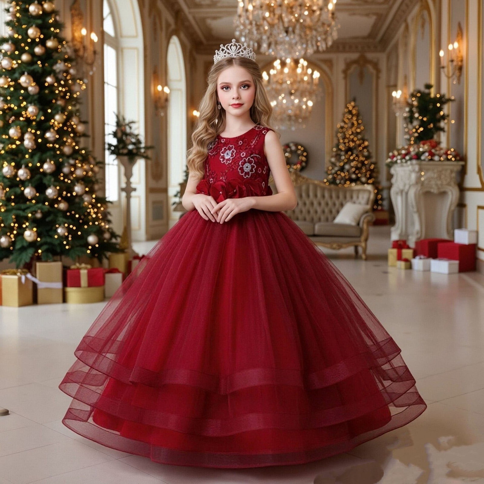 Girls Girl Dress Sleeveless Embroidery Floral Gown for Wedding Birthday Party