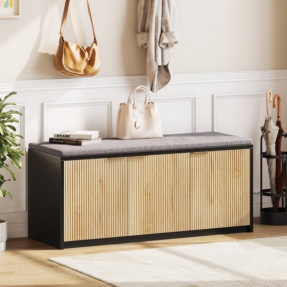 Vividwood 41.3" Shoe Storage Bench with 3 Doors, Cushioned Seat & Adjustable Shelf for Entryway (Natural)