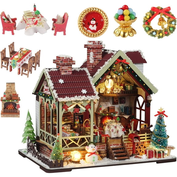 Miniature House Kit, Mini House Building Kit with Furniture, DIY Miniature Kit for Adults Teen, Dollhouse Kit for Birthday Christmas, Warm Christmas Lodge