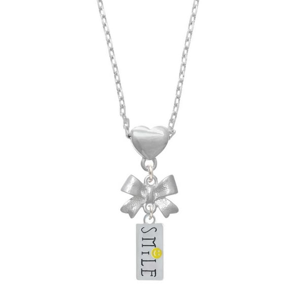 Delight Jewelry Silvertone Smile with Smiley Face Rectangle Silver tone Bow Heart Necklace