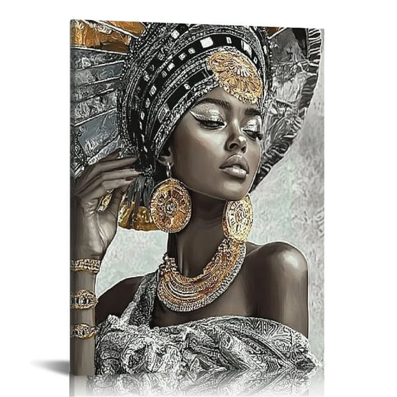 African American Wall Art, Canvas Painting Black And Golden Woman Portrait Abstract Gold Necklace Poster Artwork Modern Home Decorations Ready To Hang For Living Room Bedroom