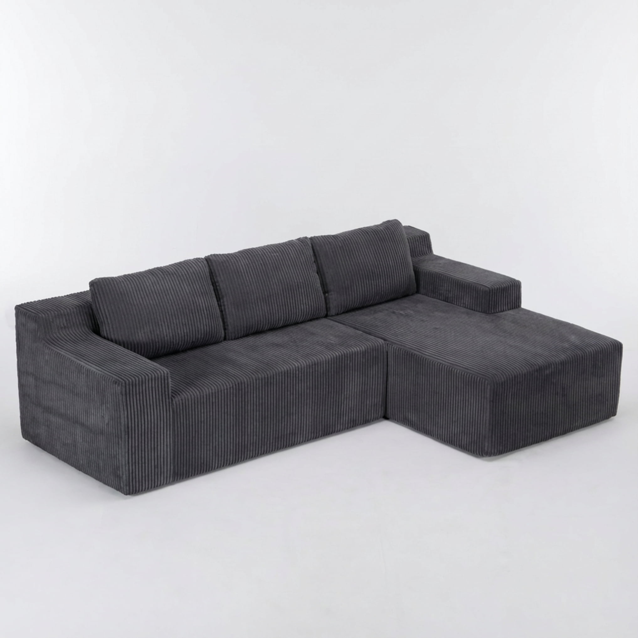 Foam-Filled Compressed Boneless 3-Seat Sectional Sofa with Chaise, Corduroy Modular Upholstered L-Shaped Couch Set