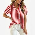 thumbnail image 4 of Womens Striped Pattern Shirts Short Sleeve Button Ruffle Stand Collar Shirt Puff Tighten Cuffs Fashion Top Summer Dressy Casual Loose Tops L Red, 4 of 5