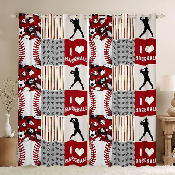 Feelyou Cartoon Baseball Print Black Out Curtains, Sports Player Curtains Pack of 2 (42x63 Each), Red Stripes Patchwork Bedroom Curtains, Curtains and Drapes Decor