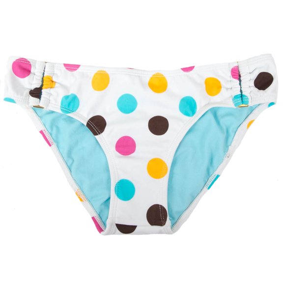 Island Soul Women's Low Rider Gold Ring Detail White with Colored Polka Dots Classic Bikini Swim Bottom