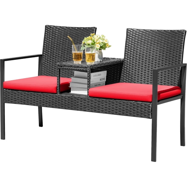 WLXIANG Patio Conversation Sets Outdoor Loveseat with Built-in Table & Cushions Wicker Patio Furniture Porch Chairs Bench for Lawn, Backyard, Balcony (Red)