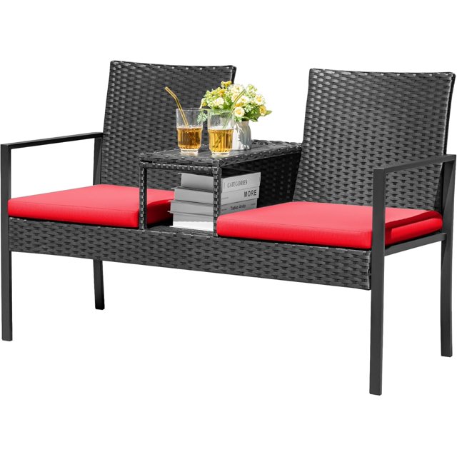 WLXIANG Patio Conversation Sets Outdoor Loveseat with Built-in Table & Cushions Wicker Patio Furniture Porch Chairs Bench for Lawn, Backyard, Balcony (Red)