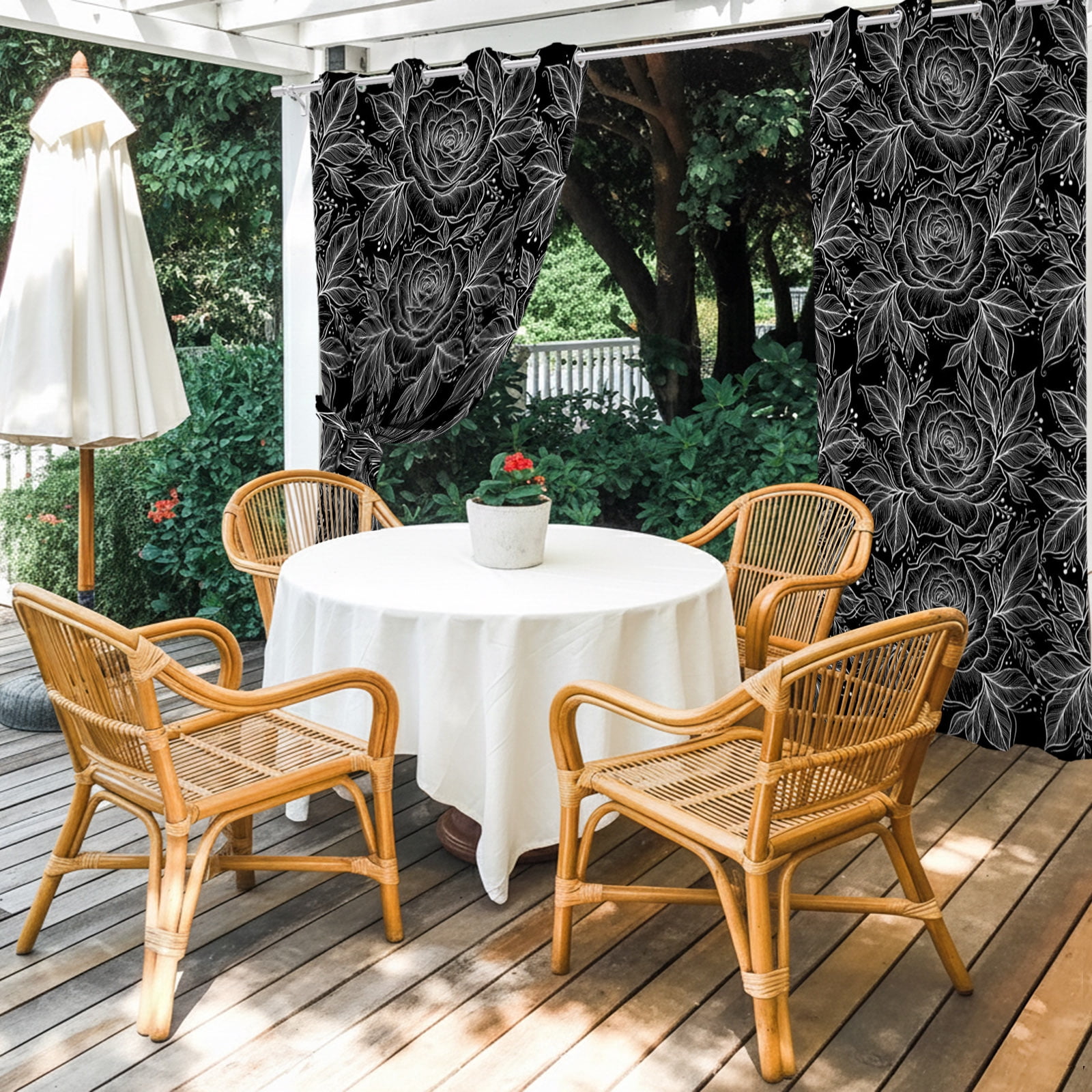 Rose Blooms Outdoor Curtains for Patio, Black Floral Elegant Sunshade Privacy Drapes Grommet Waterproof Outside Curtains for Porch/Cabana/Balcony 54"x 108", 1 Panel