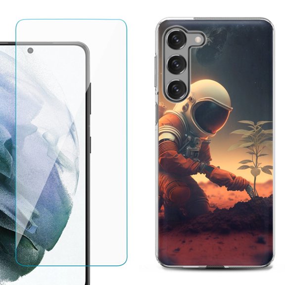 Shockproof Fashion Phone Case for Samsung Galaxy S23 5G, with Tempered Glass Screen Protector, by OneToughShield ® - Astronaut Planting